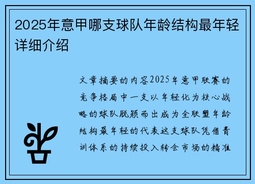 2025年意甲哪支球队年龄结构最年轻详细介绍