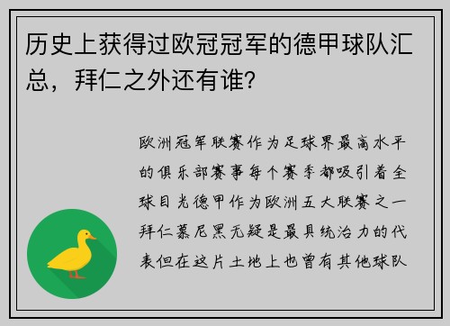 历史上获得过欧冠冠军的德甲球队汇总，拜仁之外还有谁？